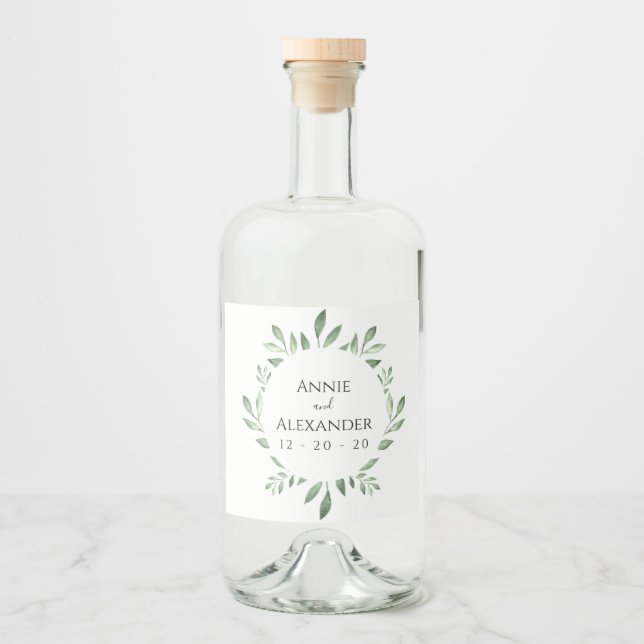 Olive Greenery Botanical Watercolor Liquor Bottle Label (Front)