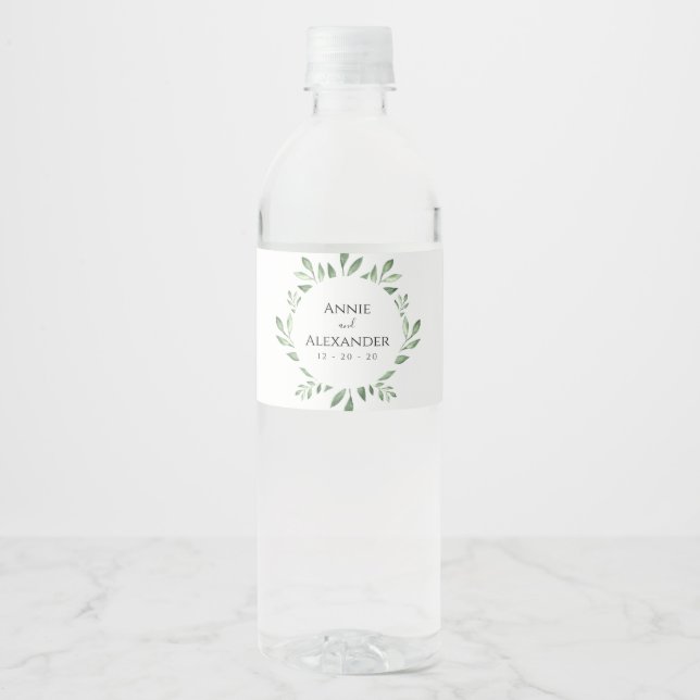 Olive Greenery Botanical Watercolor Water Bottle Label (Front)