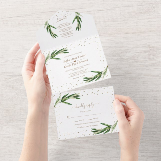 Olive Greenery Gold Confetti Monogram Wedding   All In One Invitation (Tearaway)