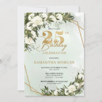 Olive greenery gold frame white rose 25th birthday