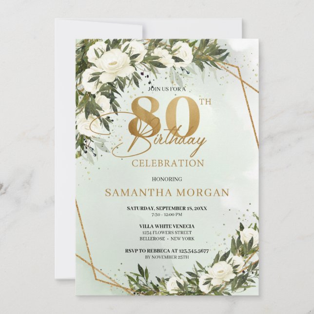 Olive greenery gold frame white rose 80th birthday invitation (Front)