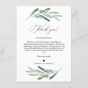 Olive Greenery Thank You Letter, Napkin Note Menu