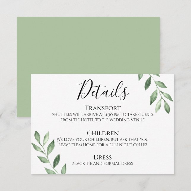 Olive Greenery Watercolor Wedding Details Card (Front/Back)