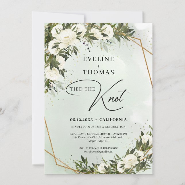 Olive greenery white roses gold frame the knot invitation (Front)
