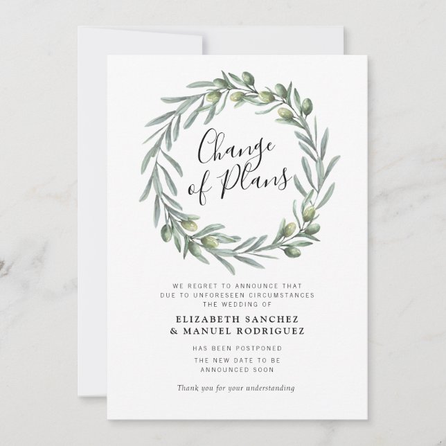 Olive greenery wreath postponed wedding card (Front)