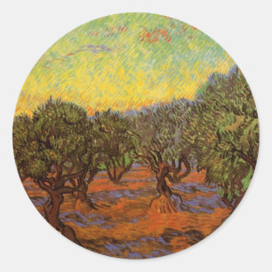Olive Grove, Orange Sky by Vincent van Gogh Classic Round Sticker