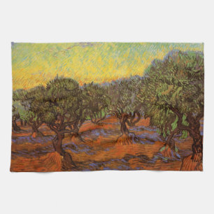 Olive Grove, Orange Sky by Vincent van Gogh Tea Towel