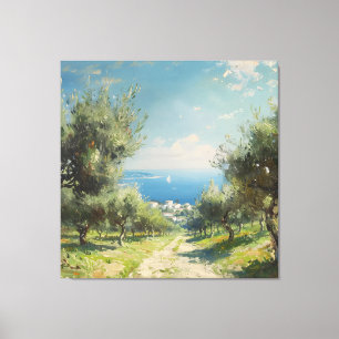 Olive Grove with Coastal Village and Sea Canvas Print