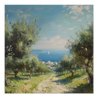 Olive Grove with Coastal Village and Sea Poster