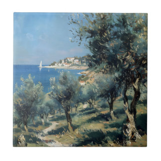 Olive Grove with Coastal Village and Sea Tile