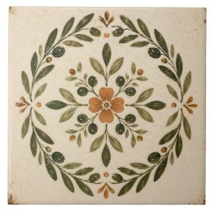 Olive Leaf Floral Wreath Medallion Tile