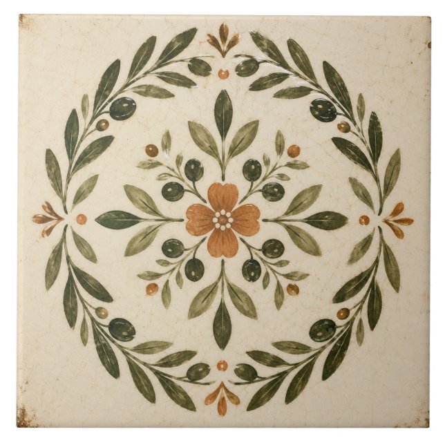 Olive Leaf Floral Wreath Medallion Tile (Front)