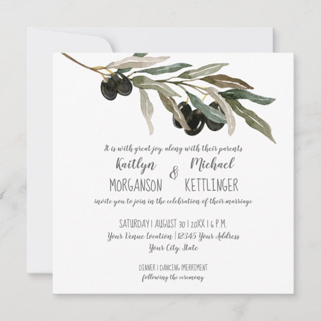 Olive Leaf Leaves Branch Watercolor Summer Wedding Invitation (Front)