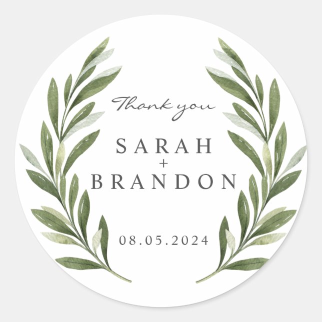 Olive Leaf Summer Wedding Classic Round Sticker (Front)