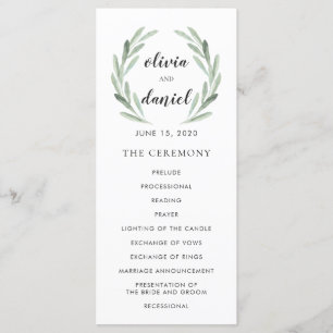 Olive Leaf Wreath Cursive Script Wedding Program Programme