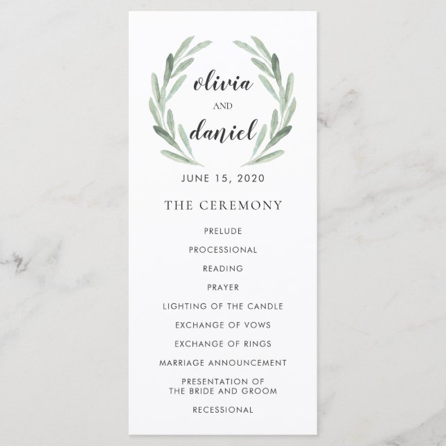 Olive Leaf Wreath Cursive Script Wedding Program Programme (Front)