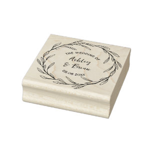 Olive Leaf Wreath Round Personalised Wedding Rubber Stamp
