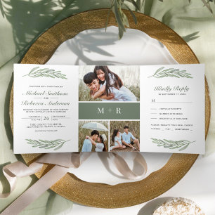 Olive Leaves Branch Photo Collage 3 in 1 Wedding Tri-Fold Invitation