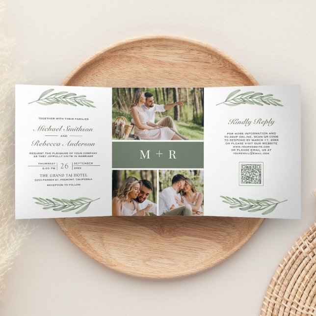Olive Leaves Branch Photo Collage QR Code Wedding Tri-Fold Invitation (Creator Uploaded)