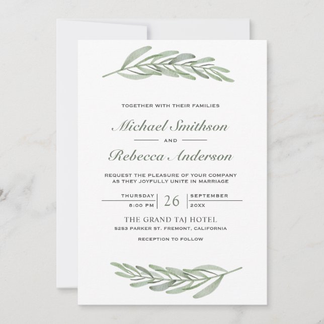 Olive Leaves Branch QR Code Wedding Invitation (Front)