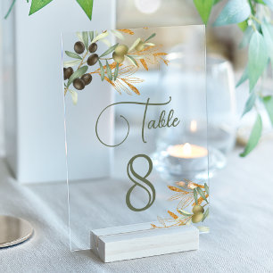 Olive Leaves Branch Wedding Acrylic Table Number
