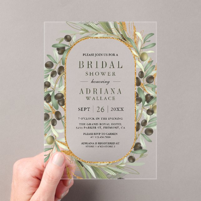Olive Leaves Bridal Shower Acrylic Invitations (Insitu (Handheld))