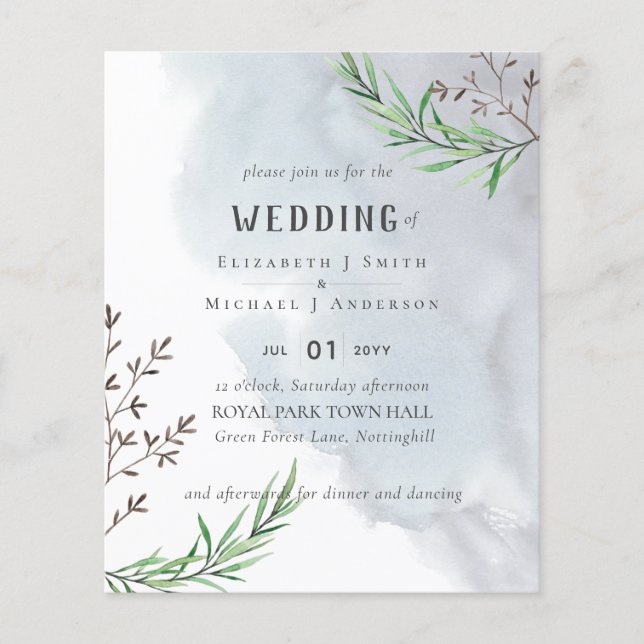 Olive Leaves Dusty Blue Wedding Flyer (Front)