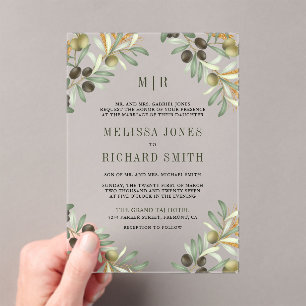 Olive Leaves Formal Wedding Acrylic Invitations