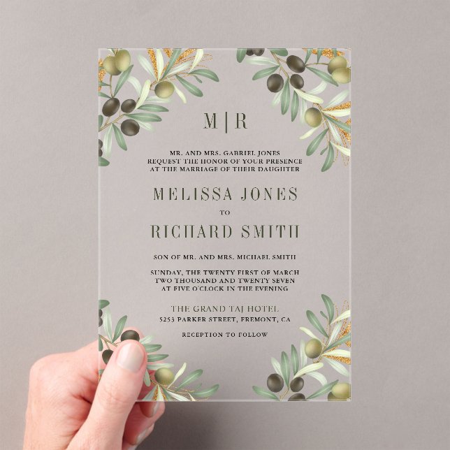 Olive Leaves Formal Wedding Acrylic Invitations (Insitu (Handheld))
