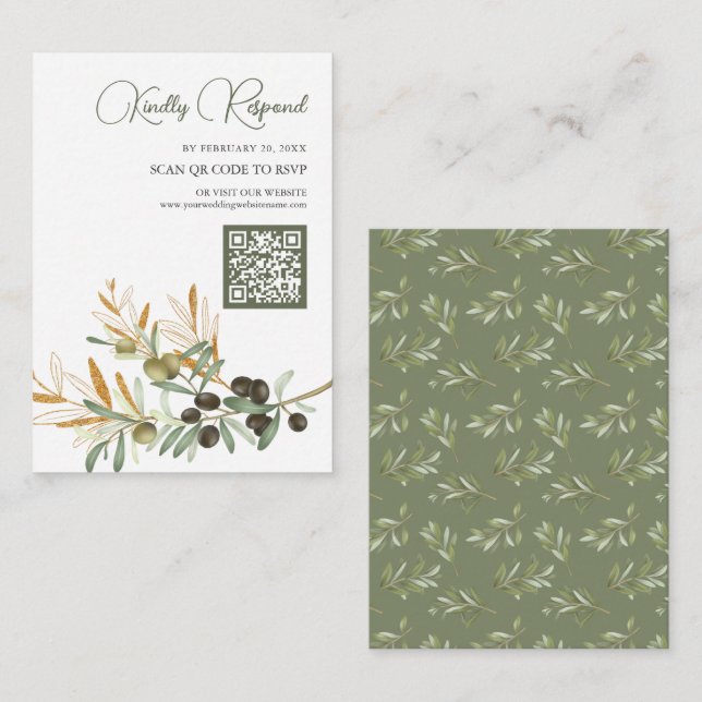 Olive Leaves Gold Branch QR Code RSVP Wedding Enclosure Card (Front/Back)