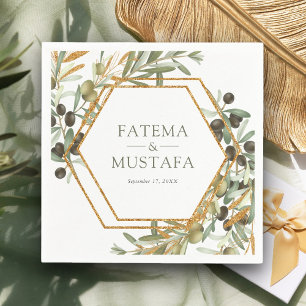 Olive Leaves Gold Branch Wedding Napkin
