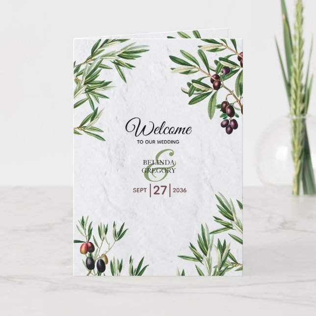 Olive Leaves Greek Island Wedding Order of Service Programme (Front)