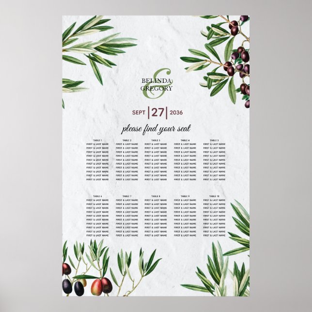 Olive Leaves Greek Island Wedding Seating Chart (Front)