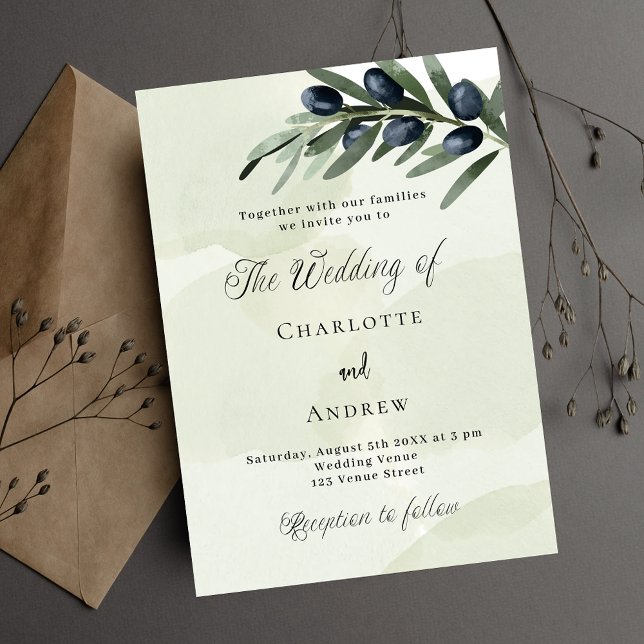 Olive leaves greenery watercolor script wedding invitation postcard (Creator Uploaded)