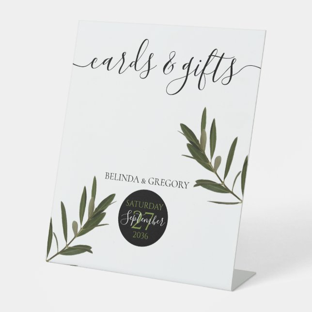 Olive Leaves Greenery Wedding Cards & Gifts Pedestal Sign (Front)