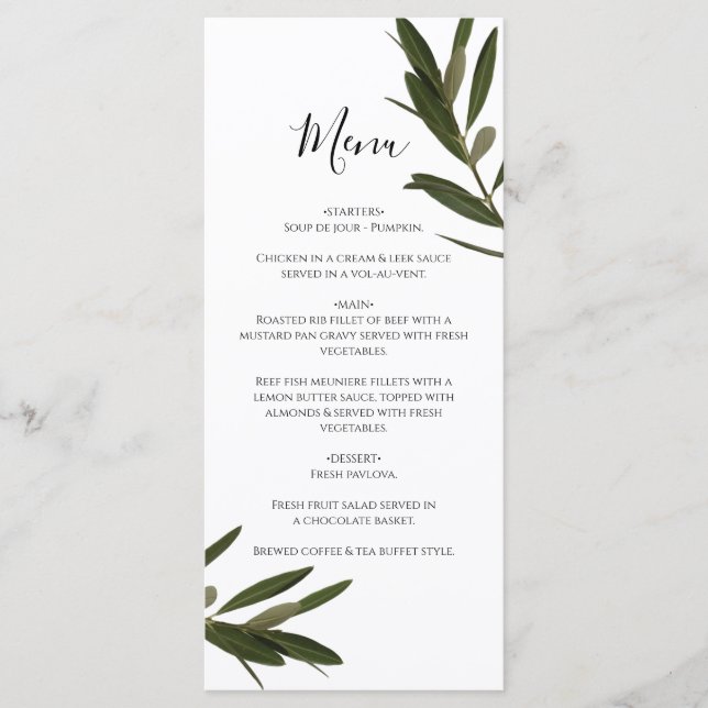 Olive Leaves Greenery Wedding Menu (Front)