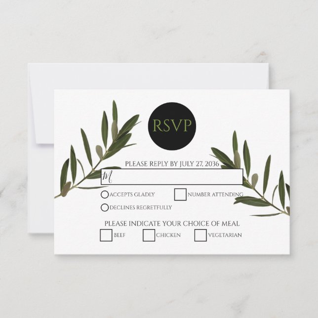 Olive Leaves Greenery Wedding RSVP Cards (Front)