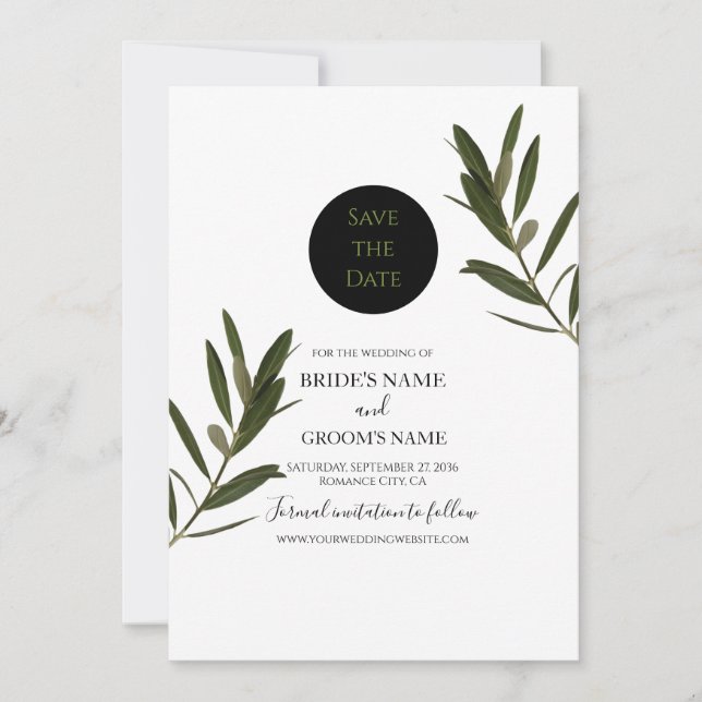 Olive Leaves Greenery Wedding Save The Date (Front)
