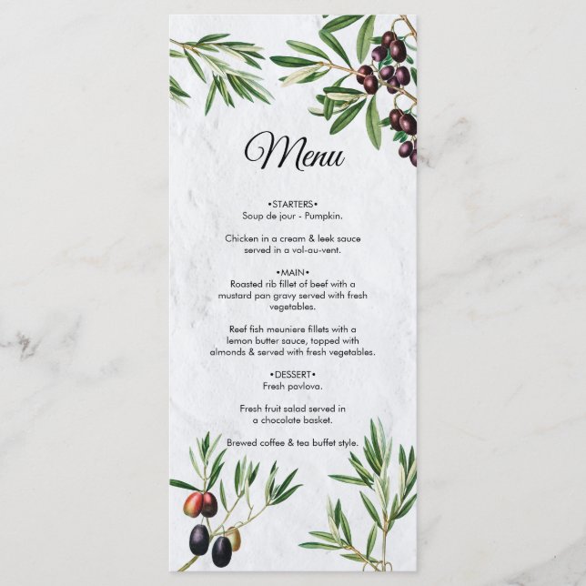 Olive Leaves Mediterranean Greek Island Wedding Menu (Front)