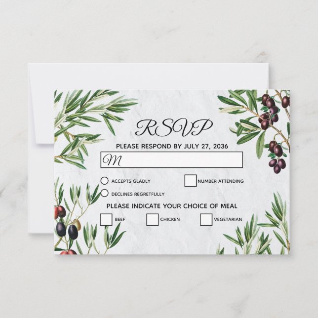 Olive Leaves Mediterranean Greek Island Wedding   RSVP Card (Front)