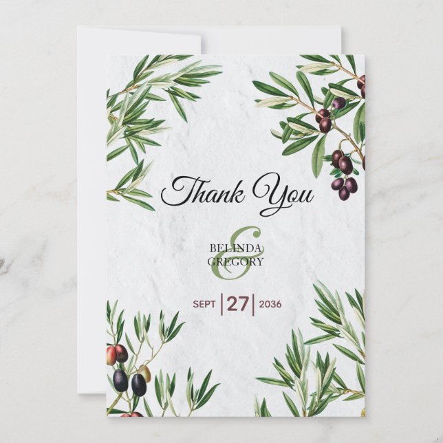 Olive Leaves Mediterranean Greek Island Wedding Thank You Card (Front)