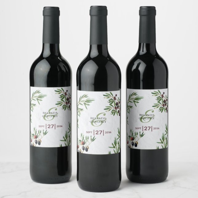 Olive Leaves Mediterranean Greek Island Wedding Wine Label (Bottles)