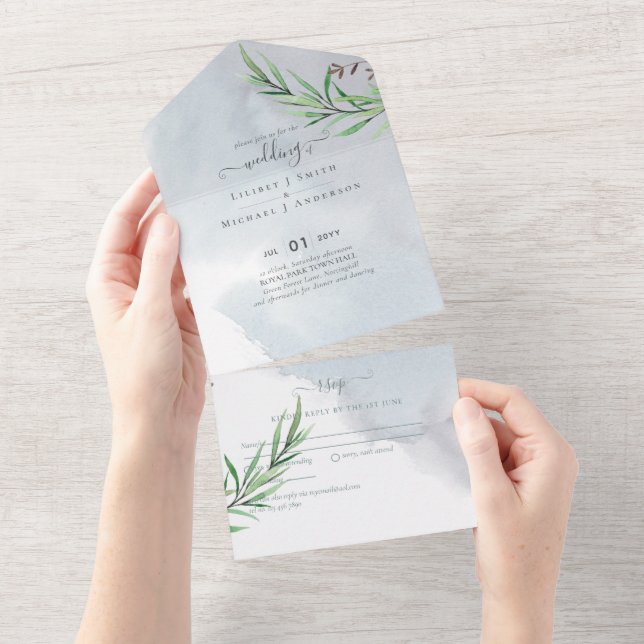 Olive Leaves Wedding Dusty Blue Lemon All In One Invitation (Tearaway)