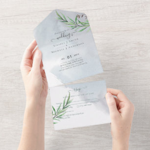 Olive Leaves Wedding Dusty Blue Lemon All In One Invitation
