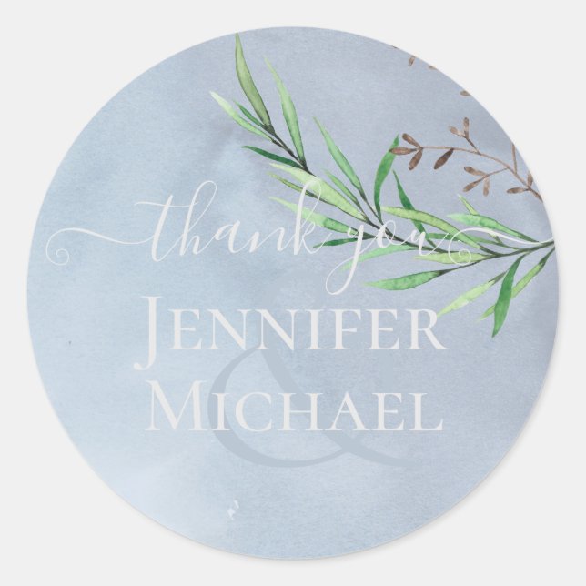 Olive Leaves Wedding Dusty Blue Lemon Classic Round Sticker (Front)
