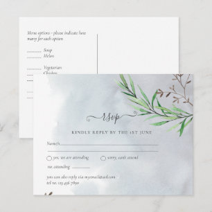Olive Leaves Wedding Dusty Blue Lemon RSVP Postcard
