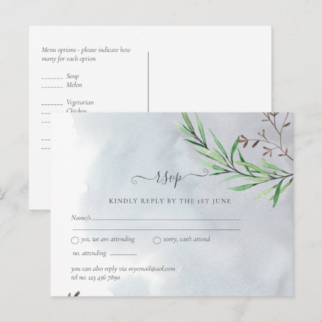 Olive Leaves Wedding Dusty Blue Lemon RSVP Postcard (Front/Back)