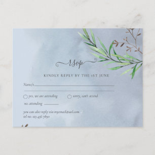 Olive Leaves Wedding Dusty Blue Lemon RSVP Postcard