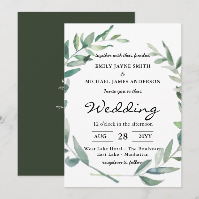 Olive Leaves Wedding Invitations Greenery Modern (Front/Back)