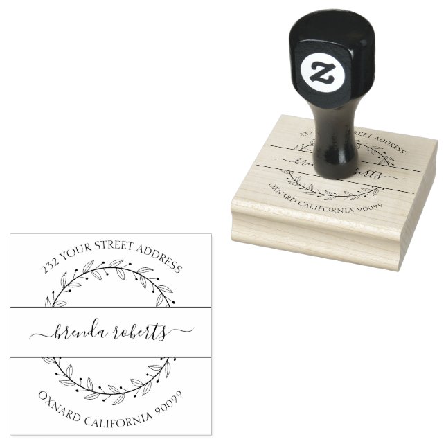 Olive Leaves Wreath Custom Black Typography Rubber Stamp (Stamped)